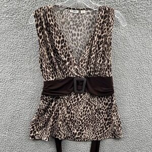 Womens Leopard Animal Print Blouse Top M Boho Peplum Belted V Neck Retro Indie